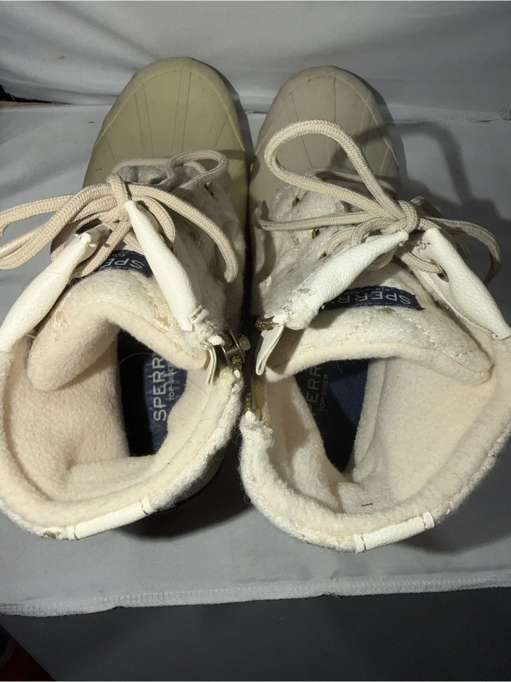 Sperry Boots Syren Gulf Wool Quilted Ivory Tan Zip Up Winter Shoes 8 Duck Boot
